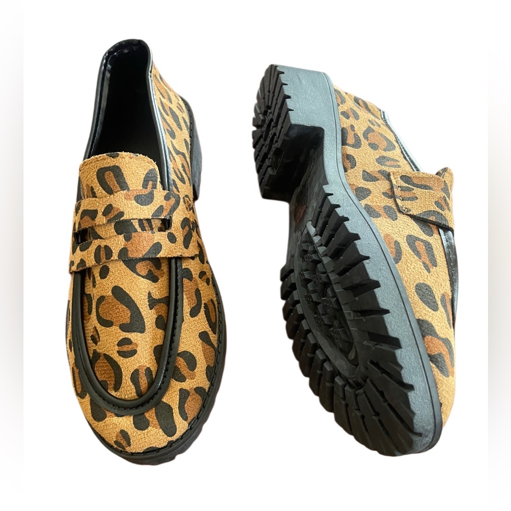 Leopard Print Chunky Lug Sole Loafers Slip On Penny Loafer Flats Casual Trendy 7 - Picture 6 of 6